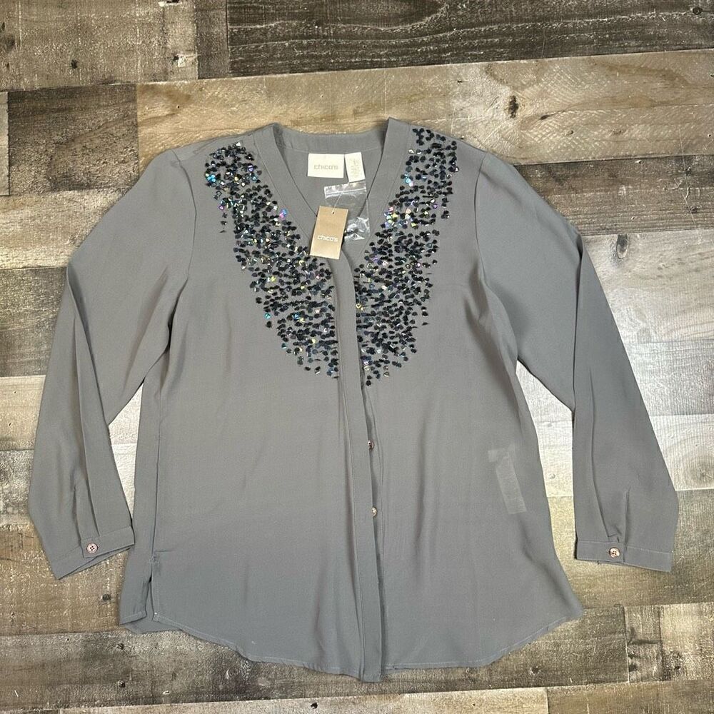 Chicos Women’s 1 Petite Mara Sequin Shine Blouse Grey Embellished Button Up NWT